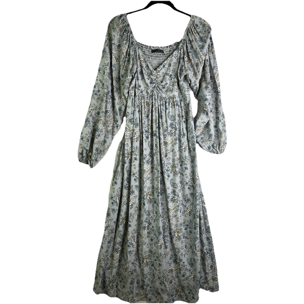 Blue Paisley Smocked Peasant Cottagecore V-Neck Baby Doll Maxi Long Boho Dress M